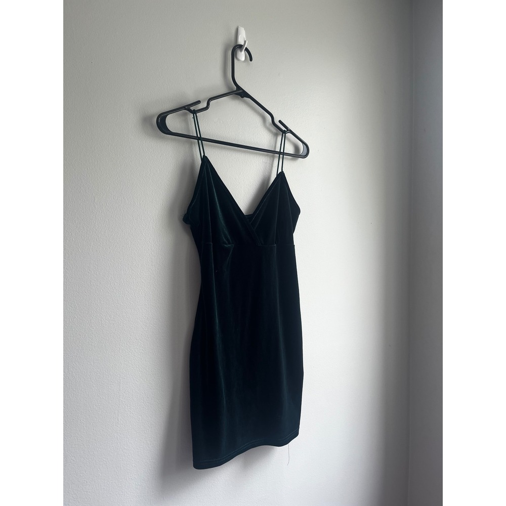 SHEIN Petite S Dark Green Velvet‎ Bodycon Mini Dress V-Neck Spaghetti Strap Y2K